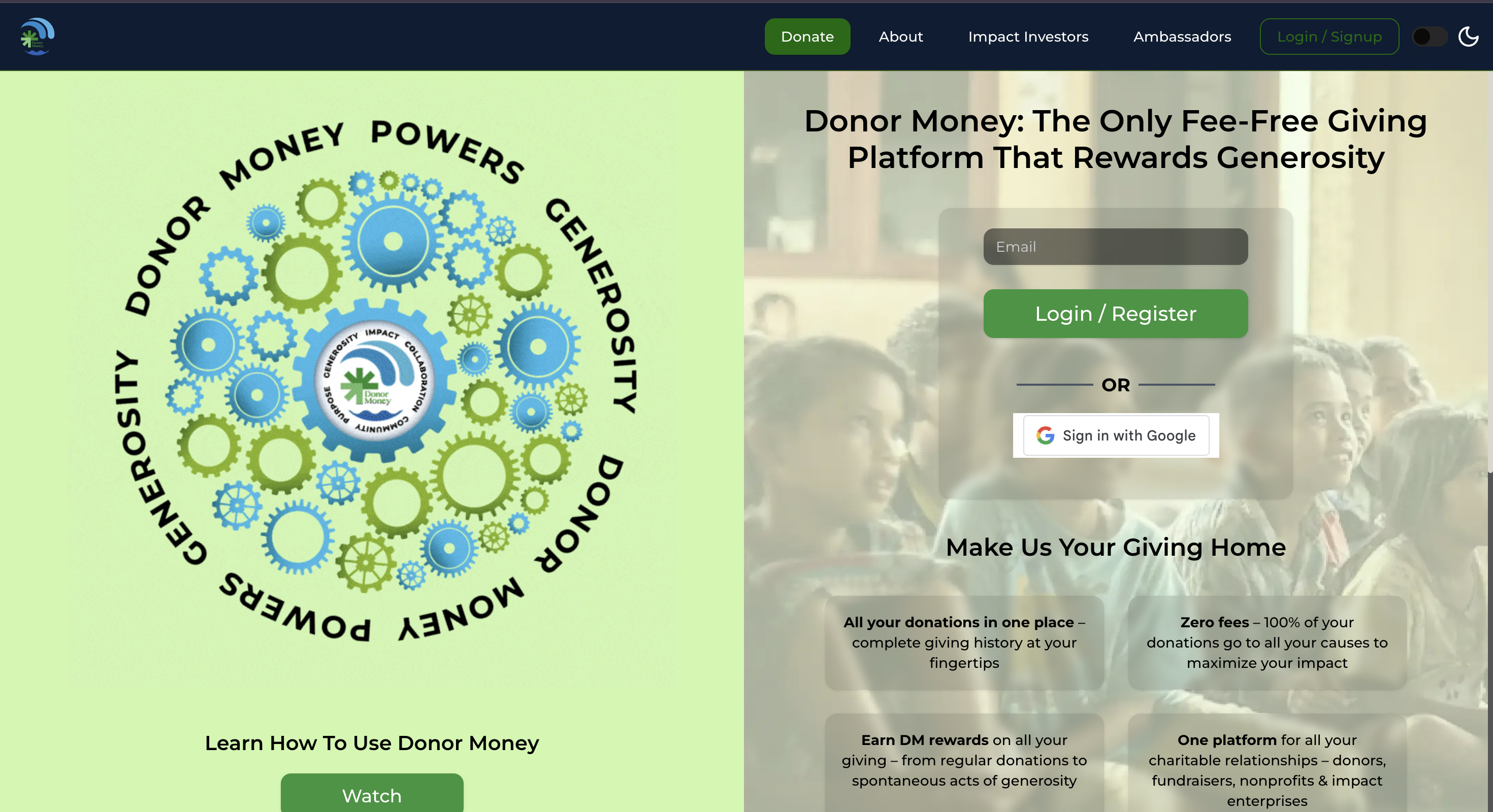 Donor Money fee-free giving platform — donor dashboard and rewards interface